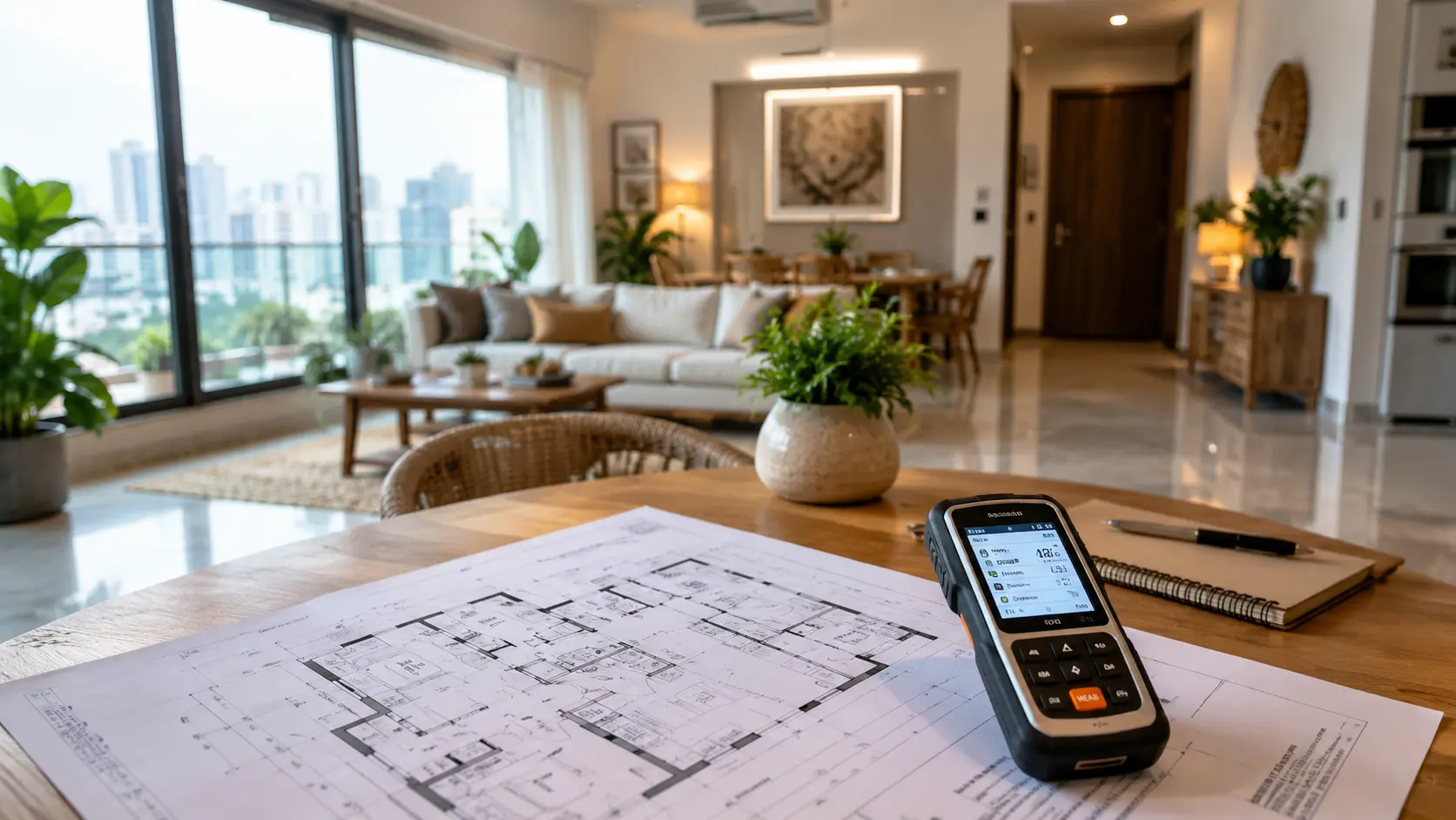 Home energy audit in an apartment — floor plan and energy scanner on the table